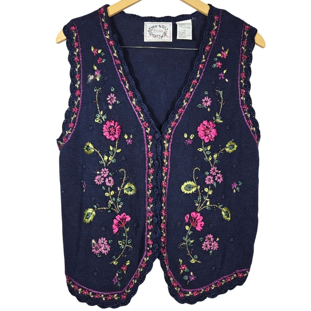 Erika Vintage Navy Blue Embroidered Floral Ribbon Beaded Knit Vest Medium